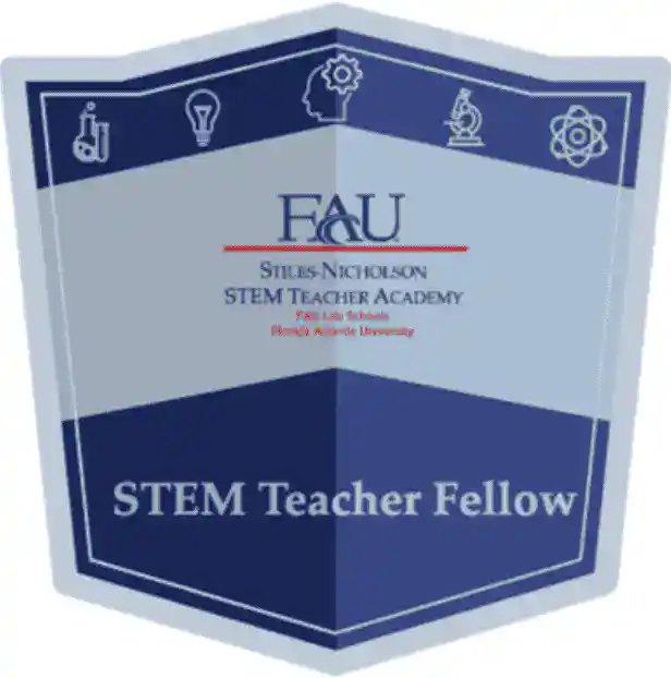 FAU STEM Teacher Fellow badge with icons representing science and education.