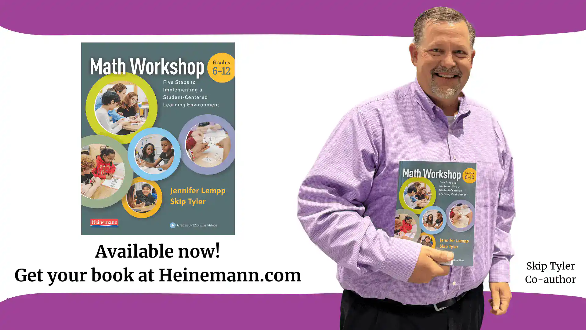 Man holding math workshop book for grades 6-12 with children learning.